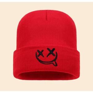XP Red Emoji Beanie Smiley Face Tongue Out Adult Hat One Size